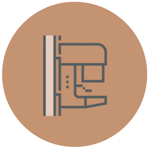 Dental imaging machine icon representing panoramic X-rays, displayed within a circular tan background – Acton Dentist | Acton Family Dental.